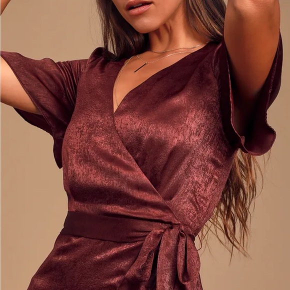 Lulus Wrapped Up In Love Burgundy Satin Faux-Wrap Midi Dress size S - Picture 3 of 10